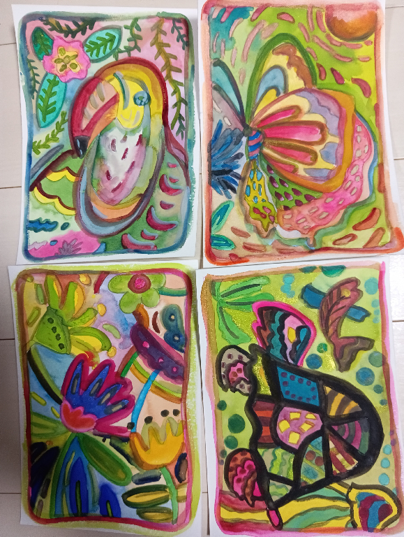 カリブ海の民族刺繍モラをイラスト化。透明水彩画とカラーインク使用